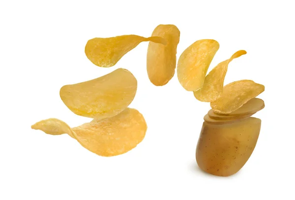 Raw Potato Turning Tasty Crispy Chips White Background — Stockfoto