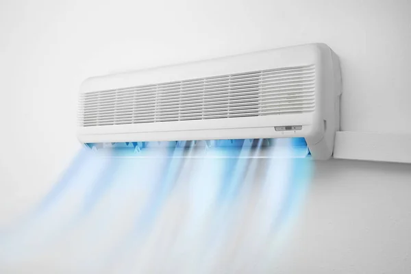 Modern Conditioner Illustration Cool Air Flow White Wall Indoors — Fotografia de Stock