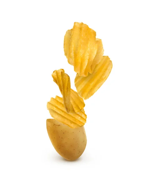 Raw Potato Turning Tasty Crispy Chips White Background — Stock fotografie