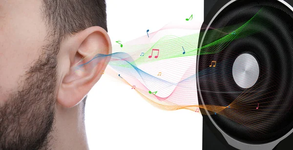 Modern Audio Speaker Man Listening Music White Background Closeup View — Photo