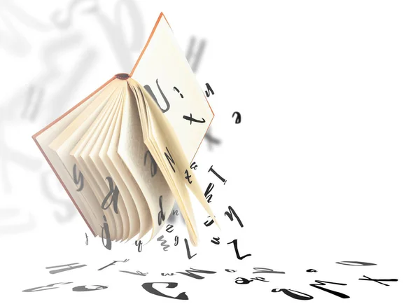 Flying open book with letters on white background, space for text. Dyslexia concept