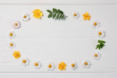 Frame of flowers and leaves on white wooden background, flat lay. Space for text