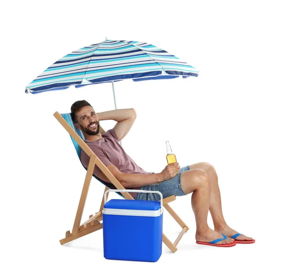 Happy Man Bottle Beer Resting Deck Chair Cool Box White — Foto de Stock