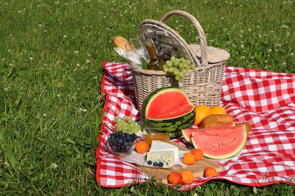 Picnic Blanket Delicious Food Wine Outdoors Summer Day Space Text — 스톡 사진