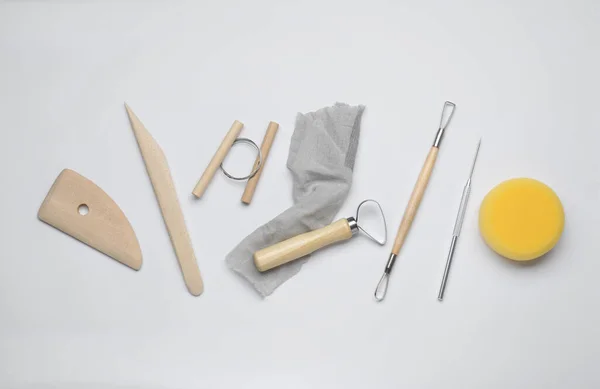 Set Clay Modeling Tools White Background Flat Lay — Zdjęcie stockowe