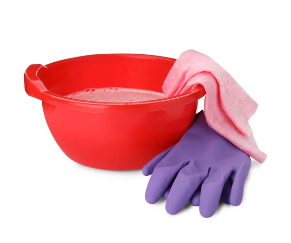 Red Basin Detergent Rag Gloves White Background — 스톡 사진