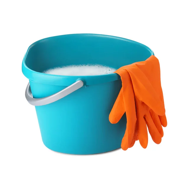 Turquoise Bucket Detergent Gloves Isolated White — Stock fotografie