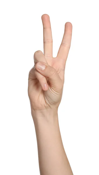 Woman Showing Peace Gesture White Background Closeup Hand — 스톡 사진