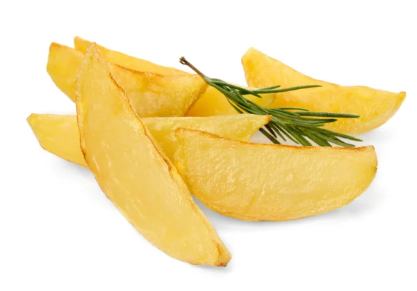 Leckere Gebackene Kartoffelkeile Mit Rosmarin Auf Weißem Hintergrund — Stockfoto