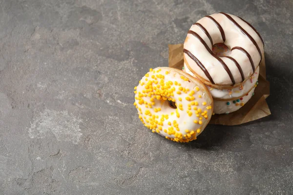 Delicious Glazed Donuts Grey Table Space Text — Stock Photo, Image