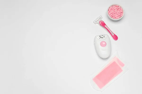 Flat Lay Composition Epilator Other Hair Removal Products White Background — Stock fotografie