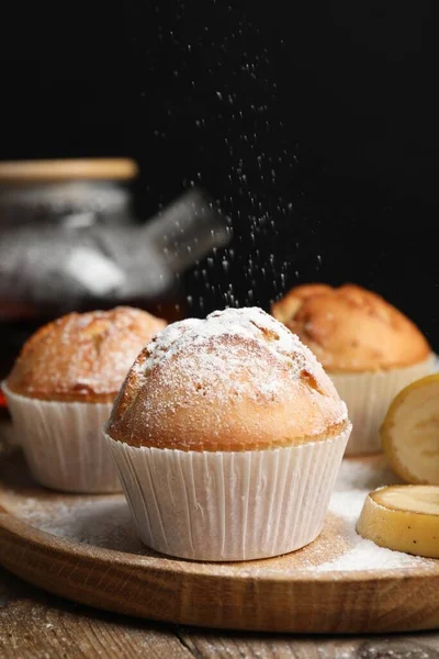 Tasty Muffins Served Banana Slices Wooden Table Dark Background —  Fotos de Stock