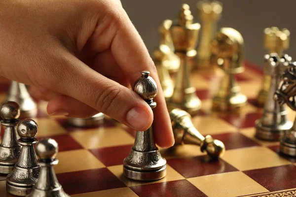 Woman Moving Chess Piece Board Closeup — Stock Photo, Image