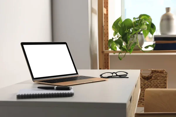 Workplace Modern Laptop Glasses White Table Mockup Design — Stock Photo, Image