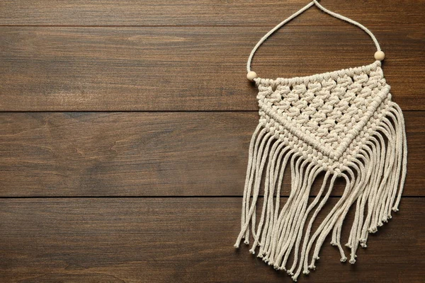 Stylish Beige Macrame Wooden Table Top View Space Text — ストック写真