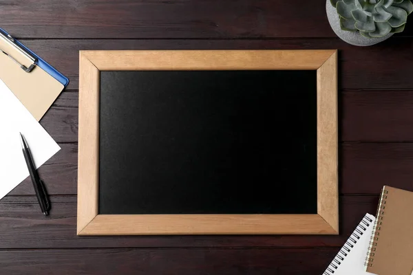 Clean Small Chalkboard Plant Stationery Wooden Table Flat Lay — Stock Fotó