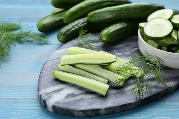 Fresh Ripe Cucumbers Dill Light Blue Wooden Table Closeup — Stockfoto