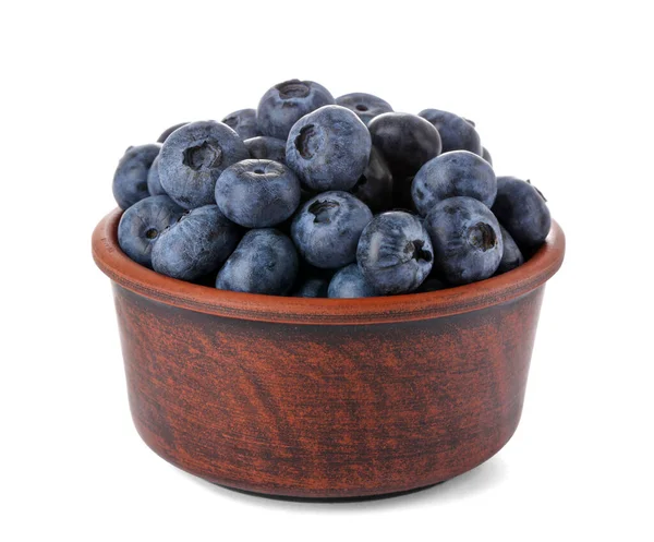Tasty Fresh Ripe Blueberries Bowl White Background — Photo