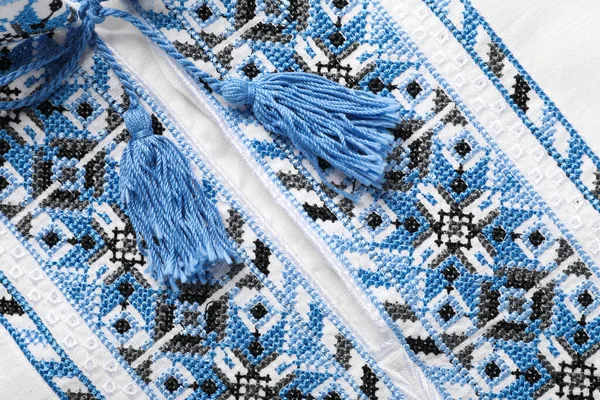 Beautiful Light Blue Ukrainian National Embroidery White Fabric Top View — Φωτογραφία Αρχείου