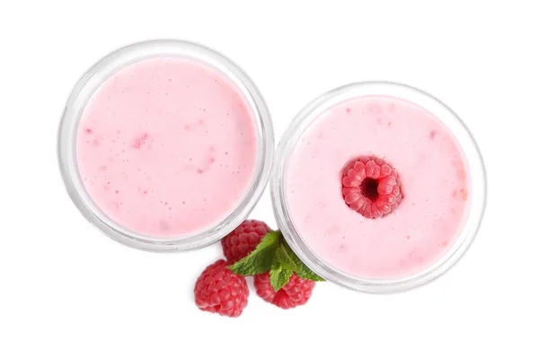 Tasty Fresh Raspberry Smoothie Glasses White Background Top View — Zdjęcie stockowe