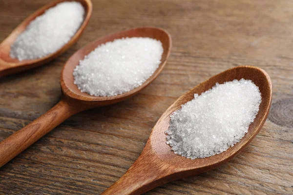 Granulated Sugar Spoons Wooden Table Closeup — ストック写真