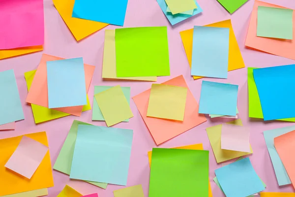 Blank Colorful Sticky Notes Pink Background Flat Lay — Stockfoto