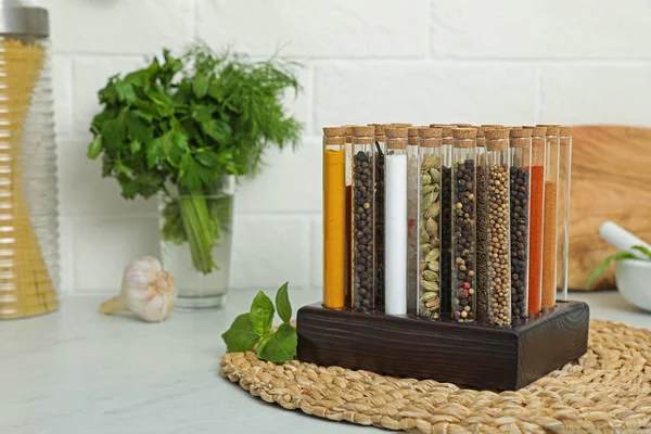 Glass Tubes Different Spices Kitchen Counter — Fotografia de Stock