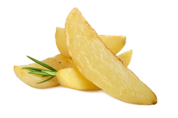 Tasty Baked Potato Wedges Rosemary White Background — Stock Photo, Image