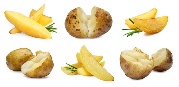 Set Delicious Hot Baked Potatoes White Background Banner Design — Stock fotografie