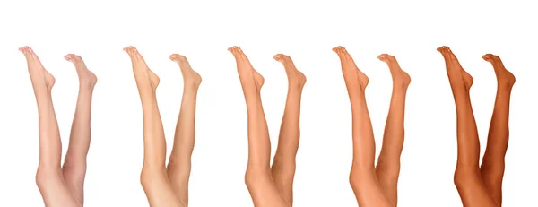 Крупный План Женщины Красивыми Ногами Белом Фоне Баннер Дизайн Стадии — стоковое фото