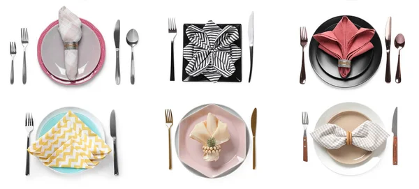 Set Examples Different Beautiful Table Settings White Background Top View — Zdjęcie stockowe