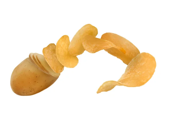 Raw Potato Turning Tasty Crispy Chips White Background — Stockfoto