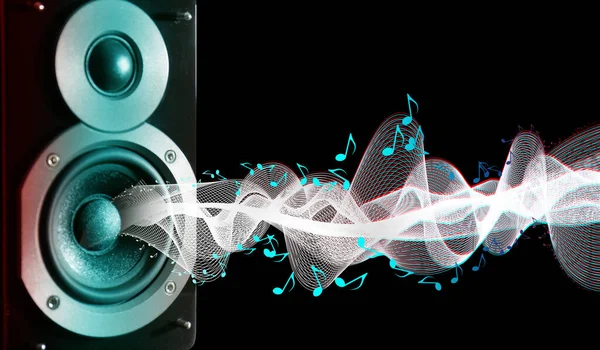 Modern Powerful Audio Speaker Sound Waves Dark Background — Fotografia de Stock