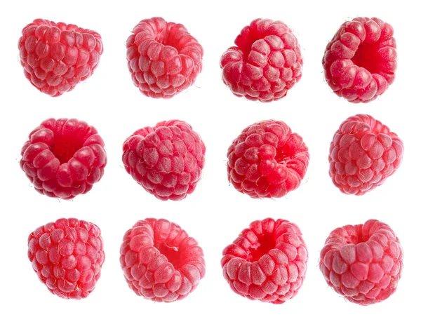 Set Delicious Ripe Raspberries White Background — Stockfoto