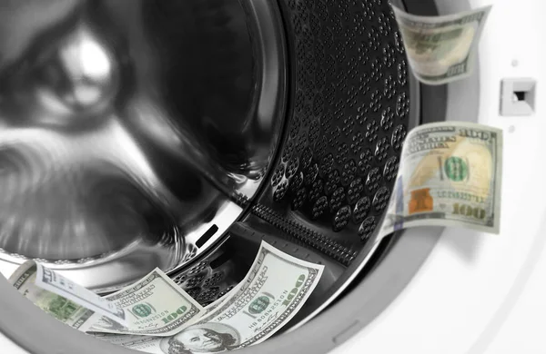 Money Laundering Many Dollar Banknotes Washing Machine — Fotografia de Stock