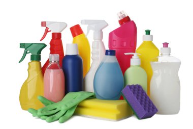Set of different cleaning supplies and tools on white background