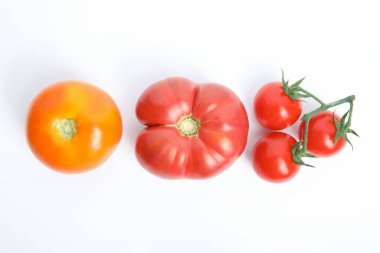 Many different ripe tomatoes on white background, flat lay