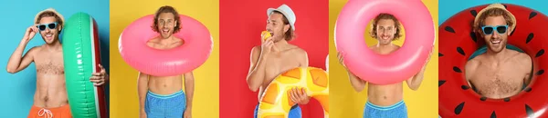 Коллаж Красивыми Фотографиями Летней Вечеринке Отпуску Смешной Человек Пляжной Одежде — стоковое фото
