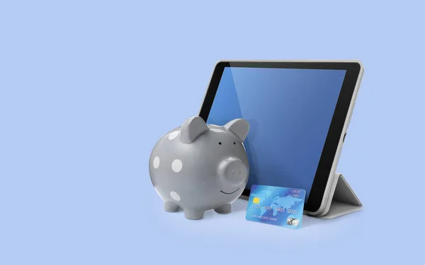 Piggy Bank Credit Card Tablet Color Background Online Banking — Stockfoto