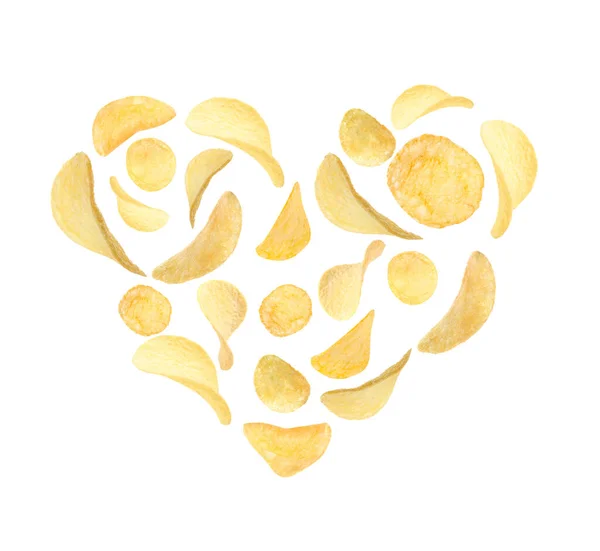 Heart Made Tasty Potato Chips White Background — Zdjęcie stockowe