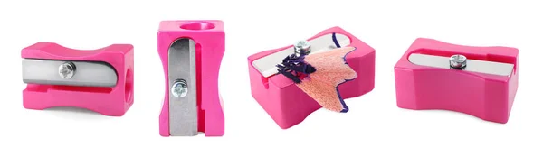 Set Pink Pencil Sharpeners White Background Banner Design — Fotografia de Stock