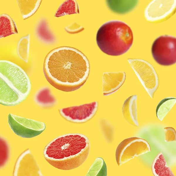 Fresh Juicy Citrus Fruits Yellow Background — Fotografia de Stock