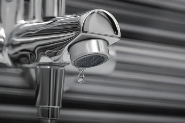 stock image Water drops falling down from tap in bathroom, closeup