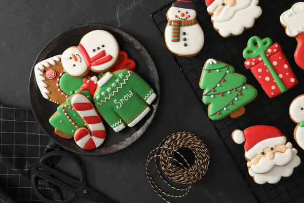 Delicious Christmas Cookies Black Table Flat Lay — Stock fotografie