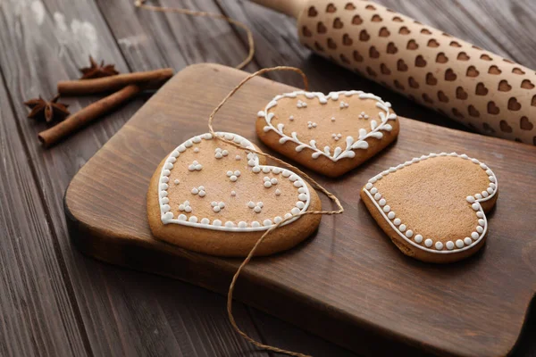 Delicious Heart Shaped Christmas Cookies Wooden Table — Stock Photo, Image