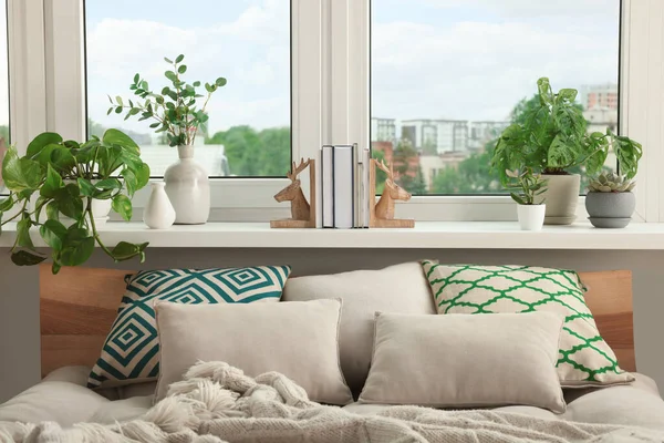 Stylish Bedroom Interior Beautiful House Plants Home Design Idea — Stock Photo, Image