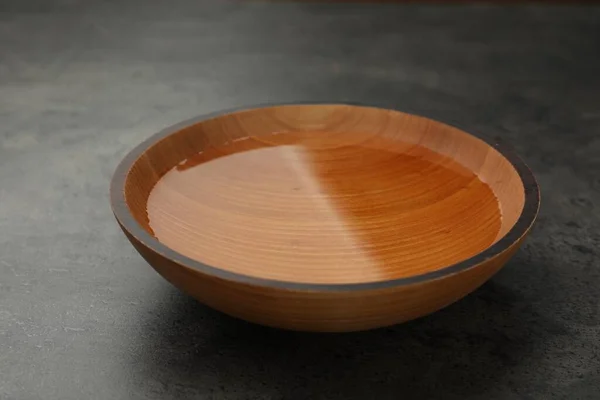 Wooden Bowl Water Grey Table Closeup — Stok fotoğraf