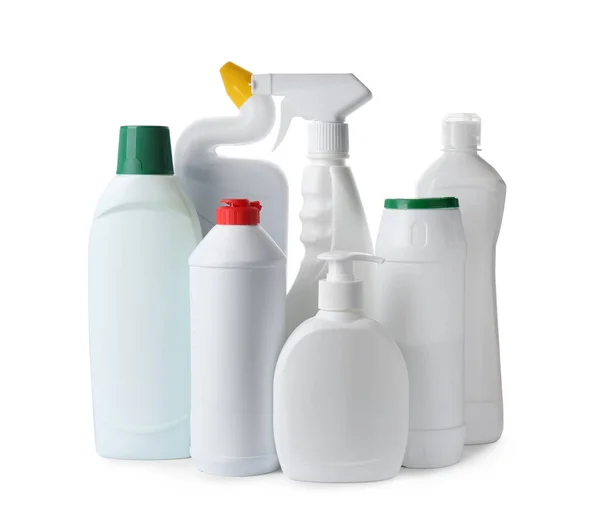 Bottles Different Detergents White Background Cleaning Supplies — Stock fotografie