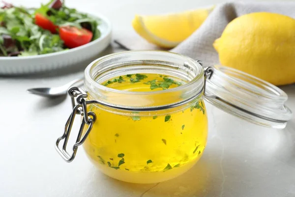 Jar Lemon Sauce Light Table Closeup Delicious Salad Dressing — Foto de Stock