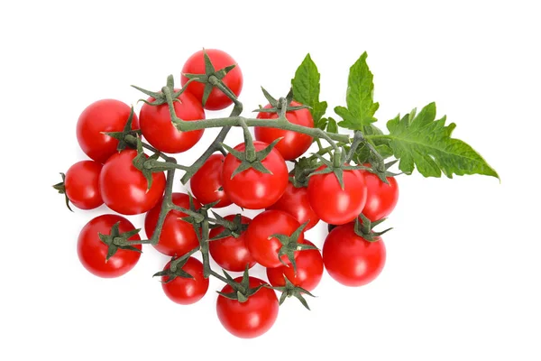 Fresh Ripe Cherry Tomatoes Leaves White Background Top View — Zdjęcie stockowe